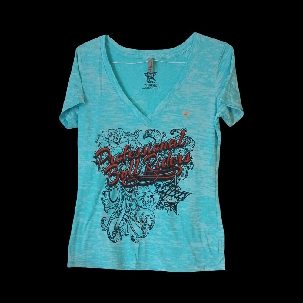 PBR Professional Bull Riders Burn Out Shirt Women's Size XLarge Teal Blue